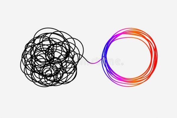 Cartoon of black squiggly lines and a colourful circle